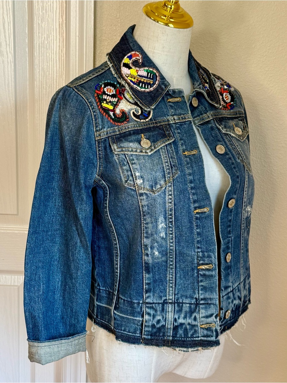 MSGM Beaded Embellished Designer Denim Jacket Size 38 XS Made in Italy - Picture 6 of 10